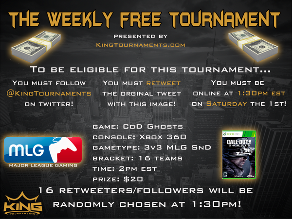 KingTournaments's tweet photo. FREE 3v3 tournament on Saturday! RETWEET and FOLLOW to be entered into the drawing! http://t.co/dqAqrd1Hgz
