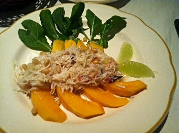 tvdinner's tweet photo. #Zagat 29 - Downey's Santa Barbara - starters: papaya and crab(their version of cantaloupe &amp; prosciutto) #foodporn http://t.co/3oqfkWucdd