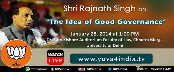 BJPLive's tweet photo. Shri @BJPRajnathSingh will soon address students on 'The Idea of Good Governance' - LIVE at http://t.co/Hbi4Ggf7gG http://t.co/9Z5Ekta2Xw