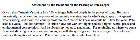 MotherJones's tweet image. .@WhiteHouse statement on the death of Pete Seeger: