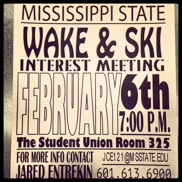JaredC1035's tweet photo. Interested in #wakeboarding or #skiing at #MSU?  Come check our interest meeting. @MSUWWC #hailstate http://t.co/9WIyS2KRgC