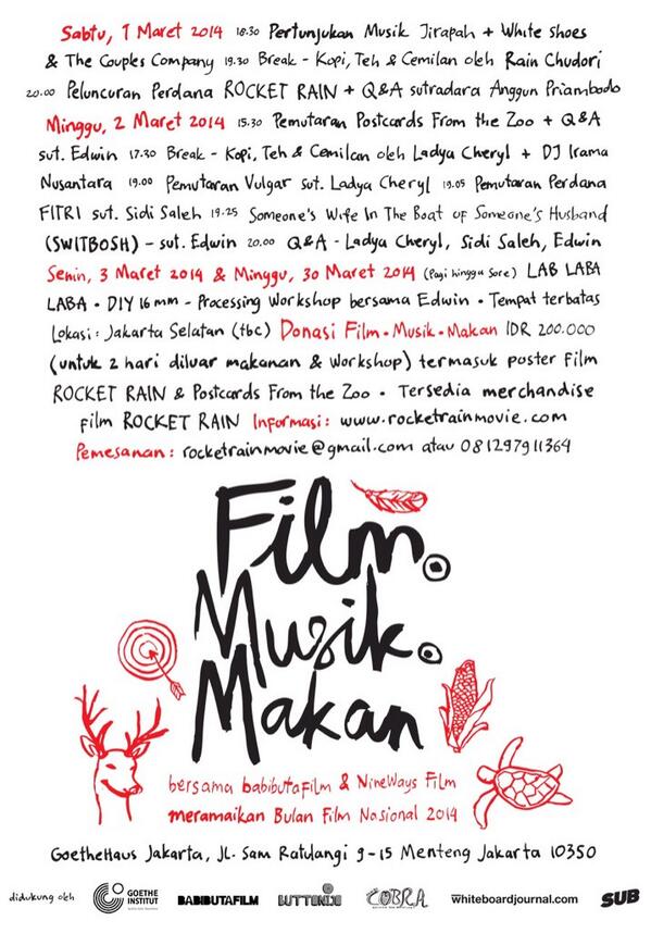 dmeiske2's tweet photo. Helo mari bergabung di FilmMusikMakan 1-2 Maret GoetheHaus @cinemagsnews @wjournal @wsatcc @Jirapah @WasWesWosRadio http://t.co/FWsTqLxJqz