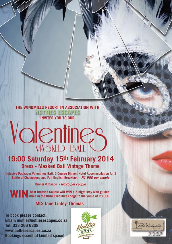 Don't miss Notties Escapes Valentines Masked Ball - 15 Feb - Call 033 266 6308 to book nottiesescapes.co.za