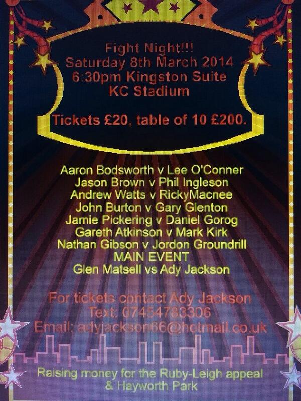 sjacksonhu8's tweet photo. Charity boxing match to raise funds for ruby leigh 8thmarch at kc stadium, please support and buy tickets http://t.co/mWt7q6N0b3