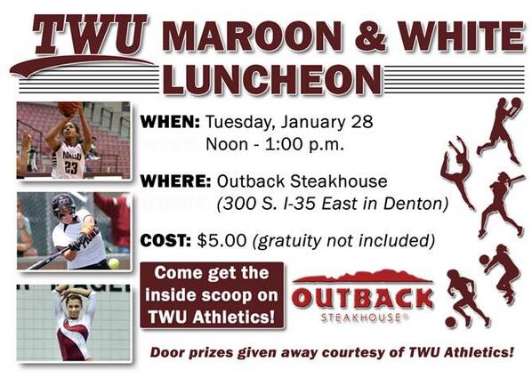 twupioneers's tweet photo. Maroon &amp; White Lunch today (1/28/14) at 12 noon at Outback Steakhouse in Denton! Best $5 lunch in town! http://t.co/GSHrREi0KR