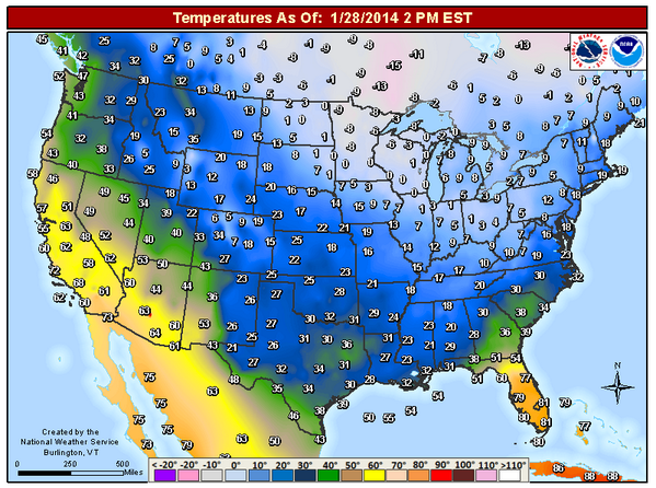 NWSMiami's tweet photo. 2 PM EST temps. Freezing rain is now falling western #Florida panhandle with #snow across #Georgia! #flwx http://t.co/XG6a4SUYCt