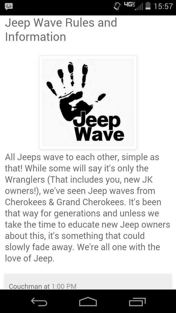 Jeep_Tweets's tweet photo. “@jparks888: Dear #jeep owner's. PSA! @Jeep_Family @jeep_life @Jeep_Tweets http://t.co/Nnj5JYUVou” #JEEPWAVE 👋✋