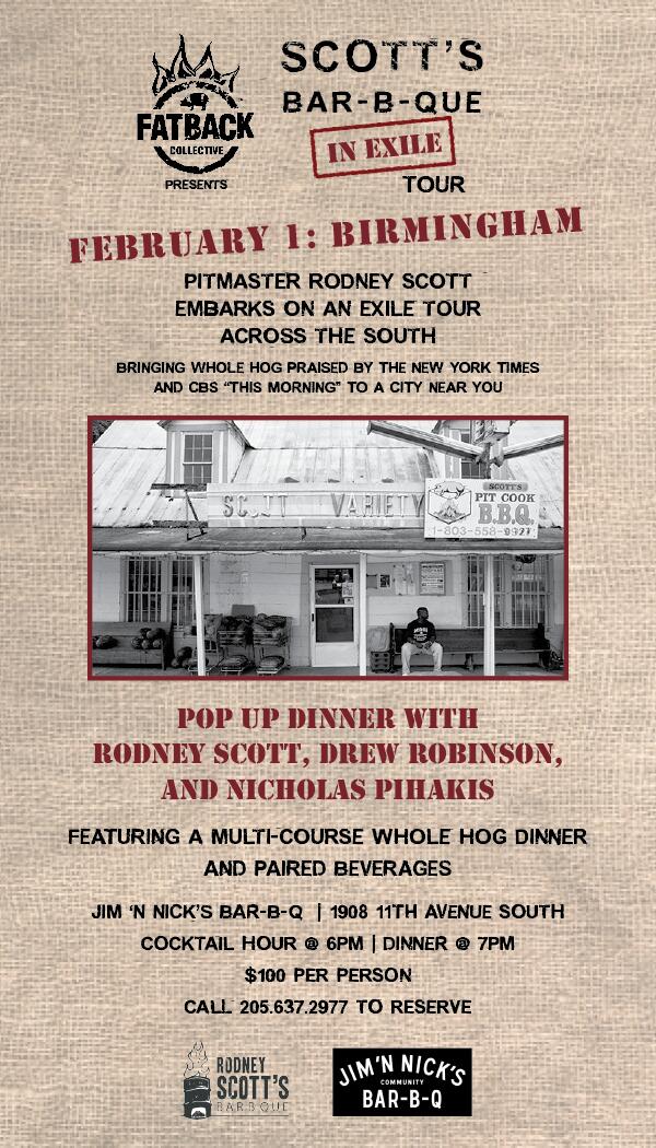 jimnnicksbbq's tweet photo. Don't miss the #RodneyInExile BHAM stop on Sat with @rodneyscottbbq @drewrobinsonIII @nicholaspihakis @greekporker http://t.co/nxOTOJJvx7