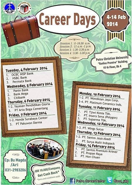 pcc_pcu's tweet image. Check out our schedule of #CareerDays! Registration is OPEN now at Selasar D, kampus UK Petra. #FebEvents