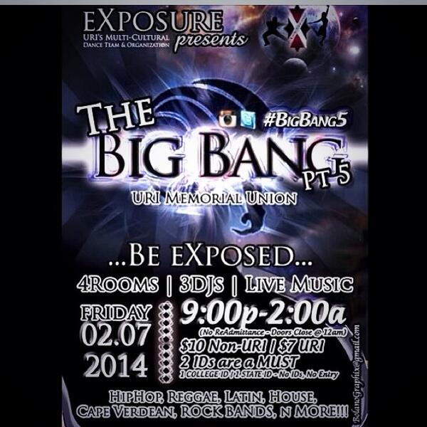 eXposure_uri's tweet photo. You know it that time of the year, big bang is back feb 7 $10 for non uri $7 for uri students #bingbang5 #Exposure http://t.co/nBF6FUsGTZ