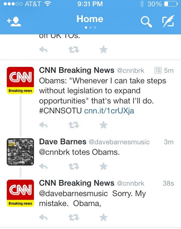 andreweaton1's tweet photo. I love that this was on my timeline tonight. #SOTUextravagan-za @davebarnesmusic @cnnbrk http://t.co/QSC1OUAV8j