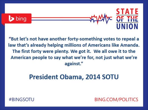 bing's tweet image. Strong agreement from Dems, but Reps neutral on ceasing Obamacare repeal efforts. binged.it/1frzwgX #BingSOTU