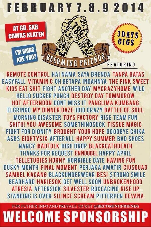 #gigs <a href="/becomingfriends/">BECOMINGFRIENDS</a> • 7,8,9/2/14 • at Gd SKB Cawas #Klaten