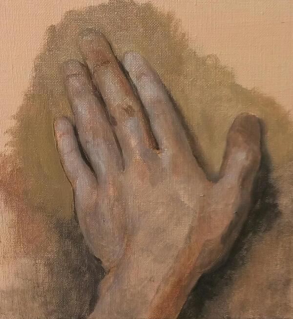 手の形をした油彩画 手がまだまだ下手なので練習。油絵で一層目。やっぱり手首周辺が