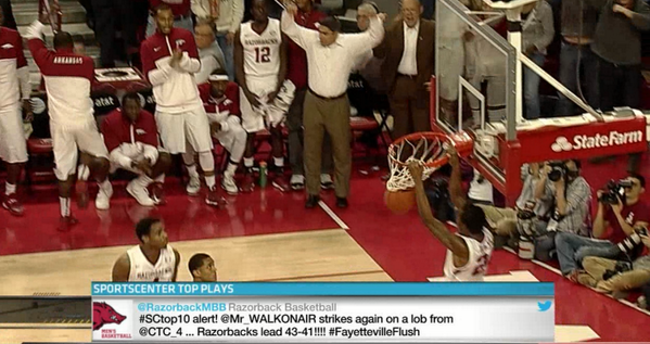 SportsCenter's tweet photo. @RazorbackMBB @Mr_WALKONAIR @CTC_4 this just aired on SportsCenter. Will be on the #SCtop10 later. http://t.co/GwL5JVswZd