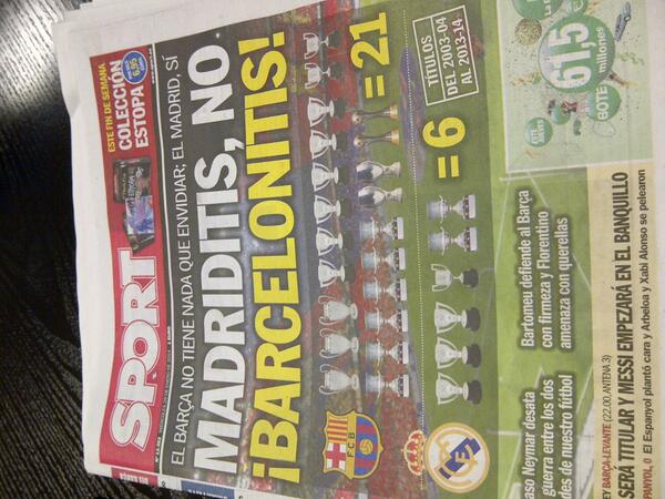 LluisMascaro's tweet photo. Y una portada que cierra el debate. ¿Madriditis? No. ¡BARCELONITIS! @sport http://t.co/OsrzuXrKlg