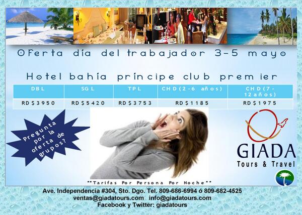 giadatours's tweet photo. Bahia Principe club Premier en oferta especial para el feriado del trabajador info: 809-686-6994  info@giadatours.com http://t.co/amEdZog9Wb