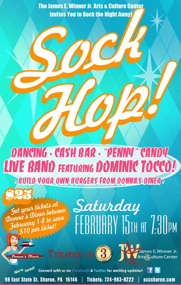 JW_ArtsnCulture's tweet image. Sat., Feb. 15 is our SOCK HOP! Dance to a band featuring Dominic Tocco. Cash bar, Donna's Diner burgers, tix are $25.