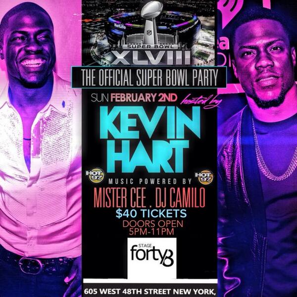 JAY_Q82's tweet photo. KEVIN HART SUPER BOWL PARTY HAS BEEN MOVED TO STAGE 48 NYC http://t.co/gcR8tcg6Yx