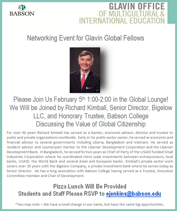 Join us 2/5 at 1pm for our first networking event of the semester w/ Richard Kimball, an economist and banker!