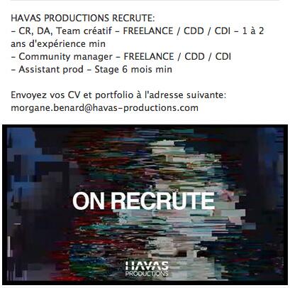HavasProd's tweet photo. HAVAS PRODUCTIONS RECRUTE ! #havasproductions #recrutement #cr #da #teamcreatif #communitymanager #productions http://t.co/kDeXQSjwZq