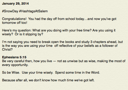 Salem_Baptist's tweet photo. #HashtagsAtSalem #SnowDay #DigitalDevotional http://t.co/p7OufY1NYP