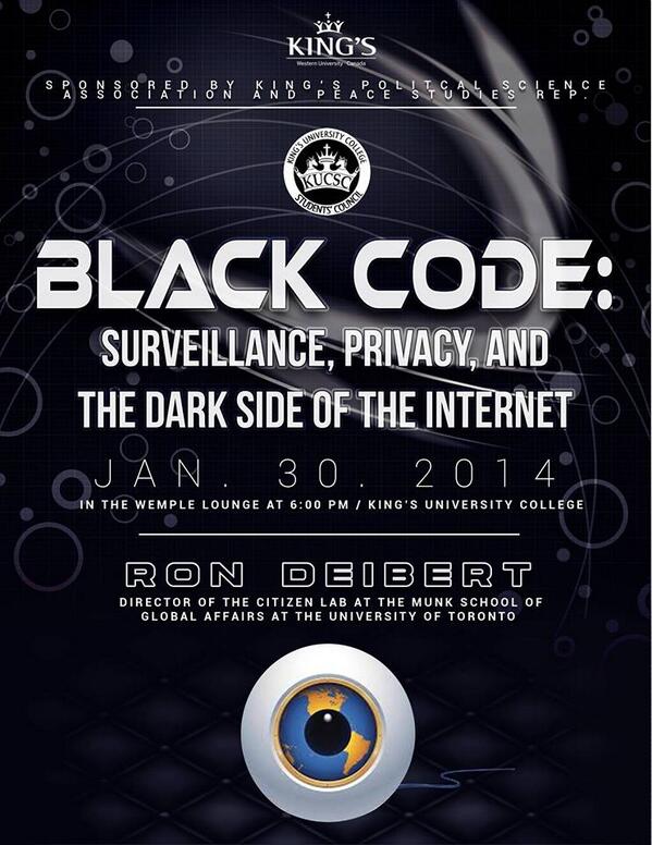 ErinHannah2's tweet photo. Looking forward to tomorrow! @RonDeibert Black Code: Inside the Battle for Cyberspace @KUCatUWO @KingsPoliSciClb http://t.co/LWBqIpEYhn