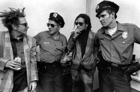 PunKandStuff's tweet image. John Lydon, Joe Strummer, Don Letts, and Paul Simonon on the set of Big Audio Dynamite’s “Medicine Show” video shoot