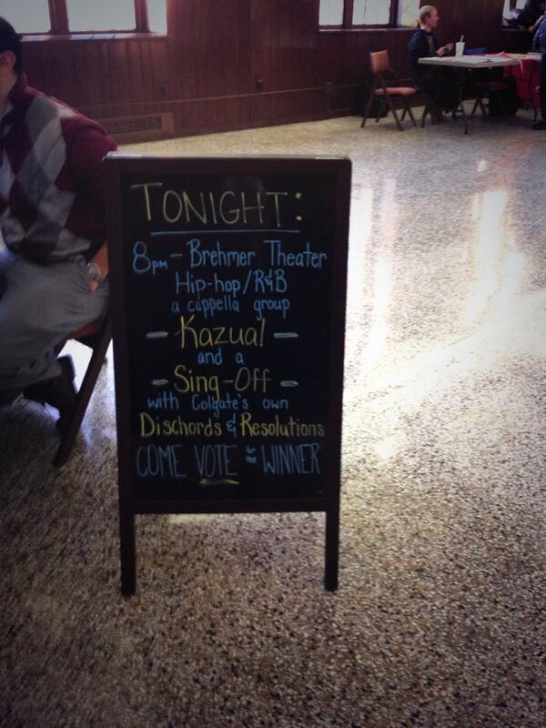 colgateCAB's tweet photo. KAZUAL A CAPPELLA GROUP TONIGHT IN BREHMER AT 8 FEATURING A LIVE COMPETITION BETWEEN KAZUAL RESOS AND DISCHORDS http://t.co/3oKgWirlB7