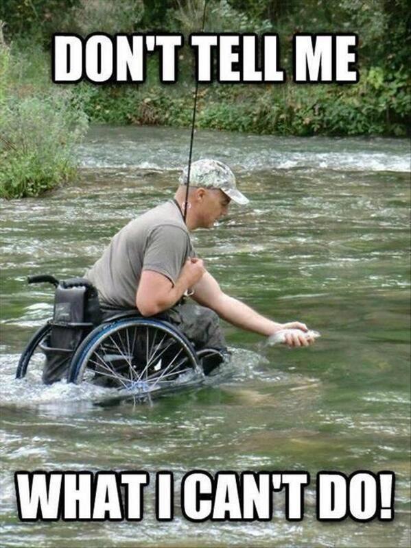 Angry Cripple Editor on X: Don't tell me what I can't do. (Picture is of a  wheelchair user wearing camo waist deep in a river catching a fish)   / X