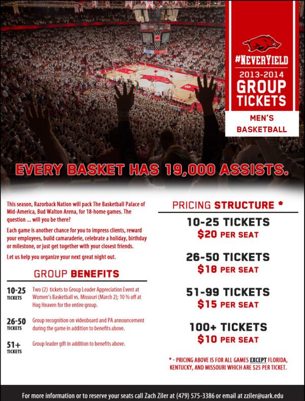 Limited discounted group tickets(10+) available for our 5 remaining Men's Basketball games.Call Zach at 479-575-3386!