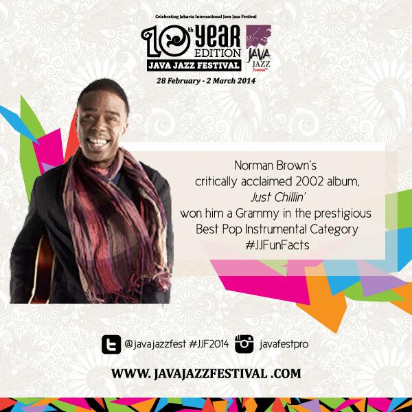 JavaJazzFest's tweet photo. @norman_brown 's album "Just Chillin" won him a Grammy in the prestigious Best Pop Instrumental #JJFunFacts #JJF2014 http://t.co/mvX4RBFcZn