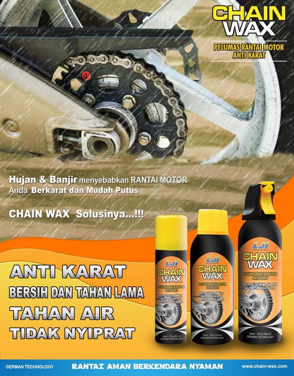 LJI_Chainwax's tweet photo. Rantai Motor berkarat dan berisik akibat Hujan dan Banjir? Pakai CHainWax -Pelumas Rantai Motor Anti Karat http://t.co/sXrg7zhHQy