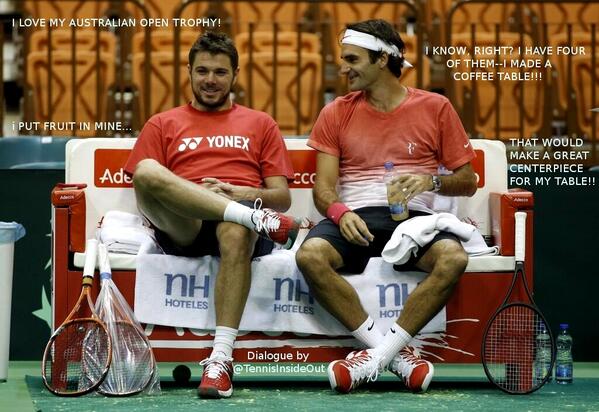TennisInsideOut's tweet photo. Just a guess about what @rogerfederer and @stanwawrinka are chatting about. ;) http://t.co/kQJBcUyLLc