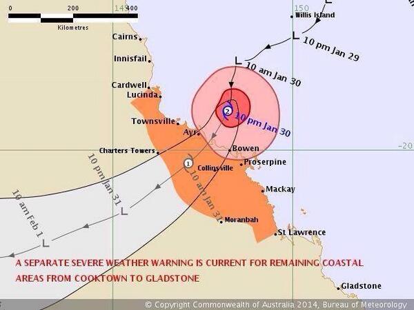 couriermail's tweet photo. http://t.co/JlbkCgBNuU #TCDylan UPDATE: Expected to cross coast btwn Ayr & Bowen around sunrise on Friday. #cyclone http://t.co/H8gmLnmcUP