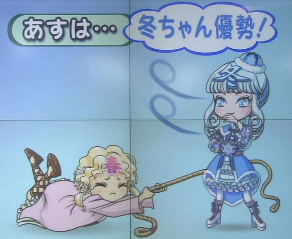 Nhkお天気ニュースのキャラクター 冬ちゃん と 春ちゃん が密かにブーム 毎日の二人の綱引きに注目するtwitterの人々 Togetter Nhkお天気ニュースのキャラクター 冬ちゃん と 春ちゃん が密かにブーム 毎日の二人の綱引きに注目するtwitterの人々 Togetter