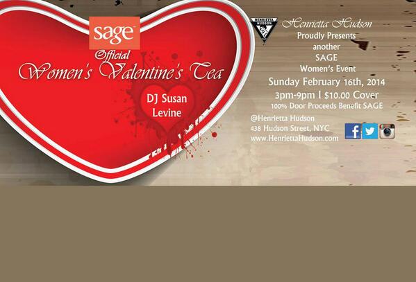 djsusanlevine's tweet photo. WOMEN'S SUNDAY VALENTINES WEEKEND TEA FOR SAGE AT HENRIETTA HUDSON!!!
https://t.co/N3bUot3sUx http://t.co/3H0cS6wUGK