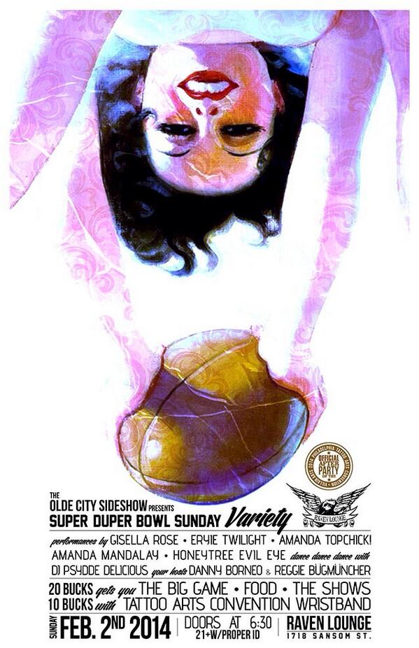 ravenlounge's tweet photo. Burlesque &amp; Super Bowl all under one roof this Sunday?! 6pm @villianart @psydde #superbowl2014 http://t.co/HPc4GsApUb