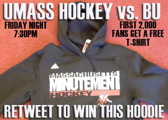UMassAthletics's tweet photo. RT to win this UMass Hockey Hoodie! 
#UMass vs. BU - 7:30 Friday Night - Mullins Center http://t.co/x2aeALiPah