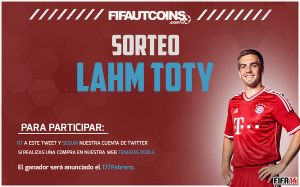 FifaUTcoins_Com's tweet photo. ¡ SORTEO LAHM TOTY ! Para participar da RT a este tweet y follow a nuestra cuenta . Más bases del sorteo en la foto! http://t.co/pjR0wXqBjA