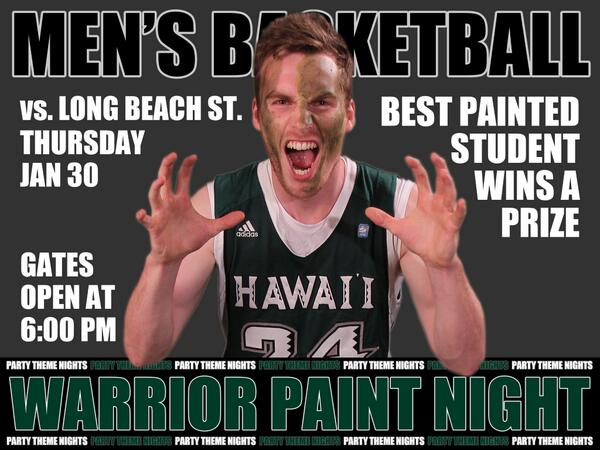 UH_BASKETBALL's tweet photo. #HawaiiMBB Rainbow Warrior Paint Night vs. Long Beach State. Get your paint on! http://t.co/OLluwPi6f3