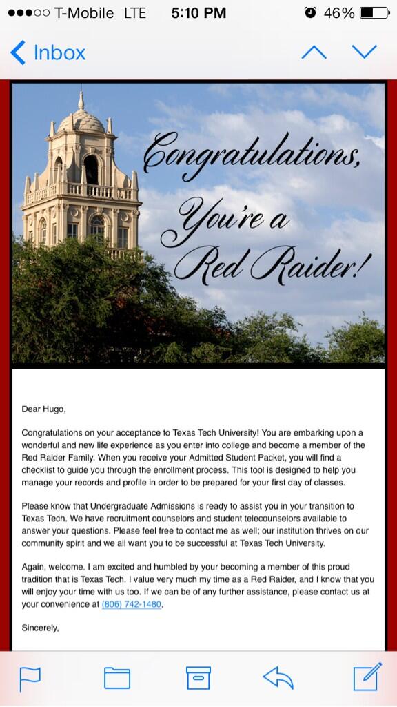 Garcia73Hugo's tweet image. Got accepted to Texas Tech!!! #Raiders #TexasTech #SecondChoice