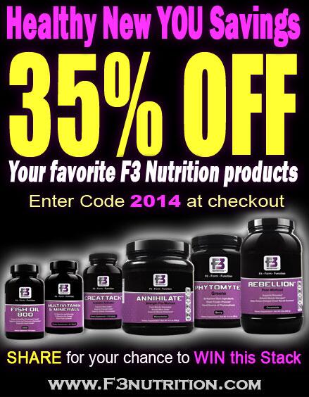 F3Nutrition's tweet photo. RT for your chance to WIN this Stack from @F3Nutrition ... 35% OFF all F3 Products use code 2014. #crossfit #health http://t.co/JXNgiWqQaI