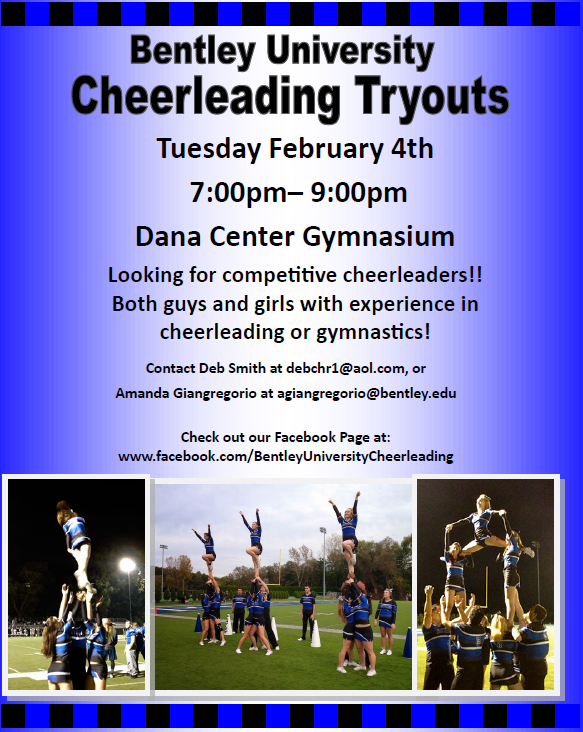 BentleyCheer's tweet photo. Don't forget tryouts are Tuesday February 4th at 7:00! Both guys and girls welcome!!

We can't wait to see you! http://t.co/BsDKXJBIYk