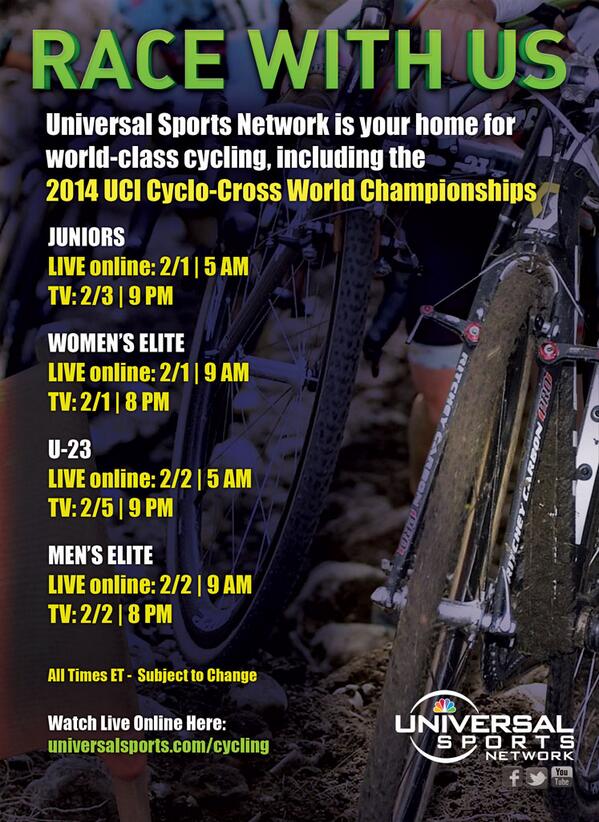 NBCOlympicTalk's tweet photo. @cyclocross Good news! We heard you and updated the #CXWorlds2014 2014 UCI Cyclo-Cross World Championships schedule: http://t.co/8kwVqf0ygY