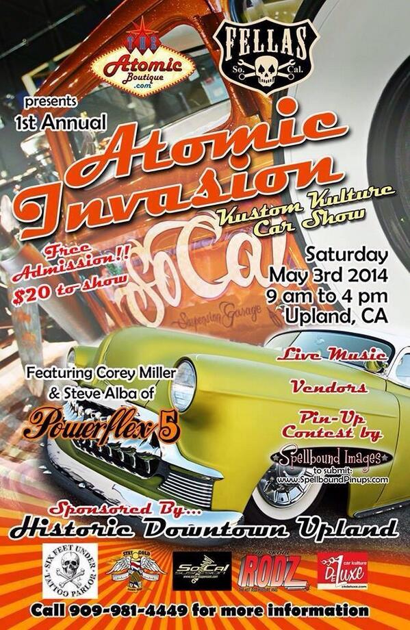 FellasSoCal's tweet photo. Our first annual Car show!!!!! Atomic invasion in #Upland Ca!! @OGCoreyMiller &amp; Steve Alba's band will be performing! http://t.co/7g1KfzSW7k