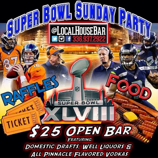Join us for game day. 336-937-2922 <a href="/krazylate/">Layton Johnston</a> <a href="/TravisHeinrich/">TRAVIS HEINRICH</a> <a href="/AMSyndicate/">AMSyndicate</a> #NFL #SuperBowlXLVIII #SuperBowl