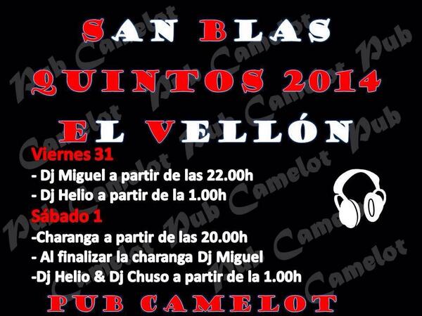 Pub_Camelot's tweet photo. Hoy estará @Helio_8_  pinchando! #quintosvellon14 #fiesta #quintoselvellon http://t.co/Q1BeFRU0eb