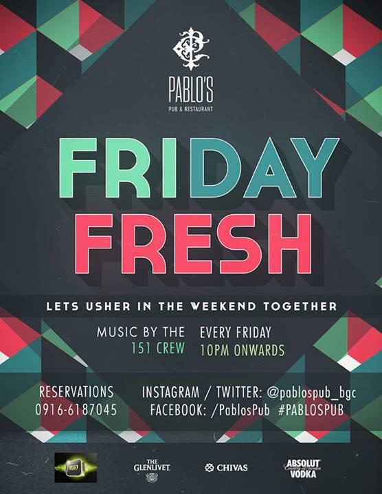 Good food, cold drinks &amp; fresh music by @151Crew. Enjoy all of these tonight <a href="/pablospub_bgc/">PABLO's Pub & Resto.</a>! #fridayfresh #cityguide