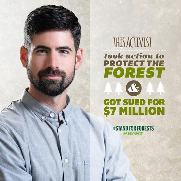 Greenpeace's tweet photo. Canada's logging company Resolute is suing @GreenpeaceCA to keep them quiet.
#StandForForest: http://t.co/4RZSDN4tmf http://t.co/2Wigq2wrxf